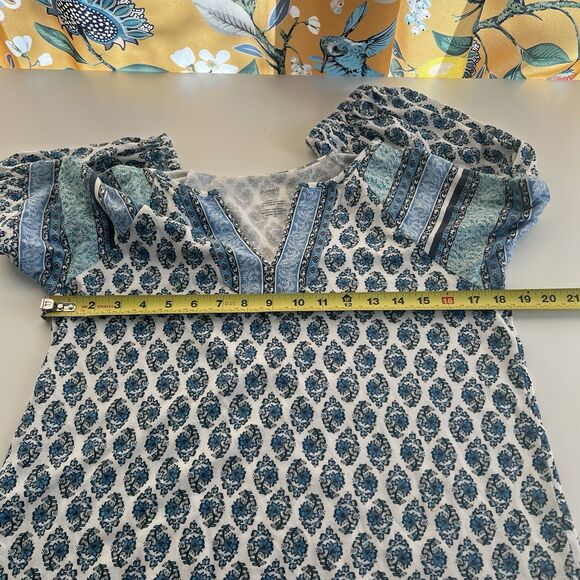 J Jill Pure Jill Split Neck Border Printed Tunic Top XS Blue Modal Boho Artsy - Picture 7 of 8